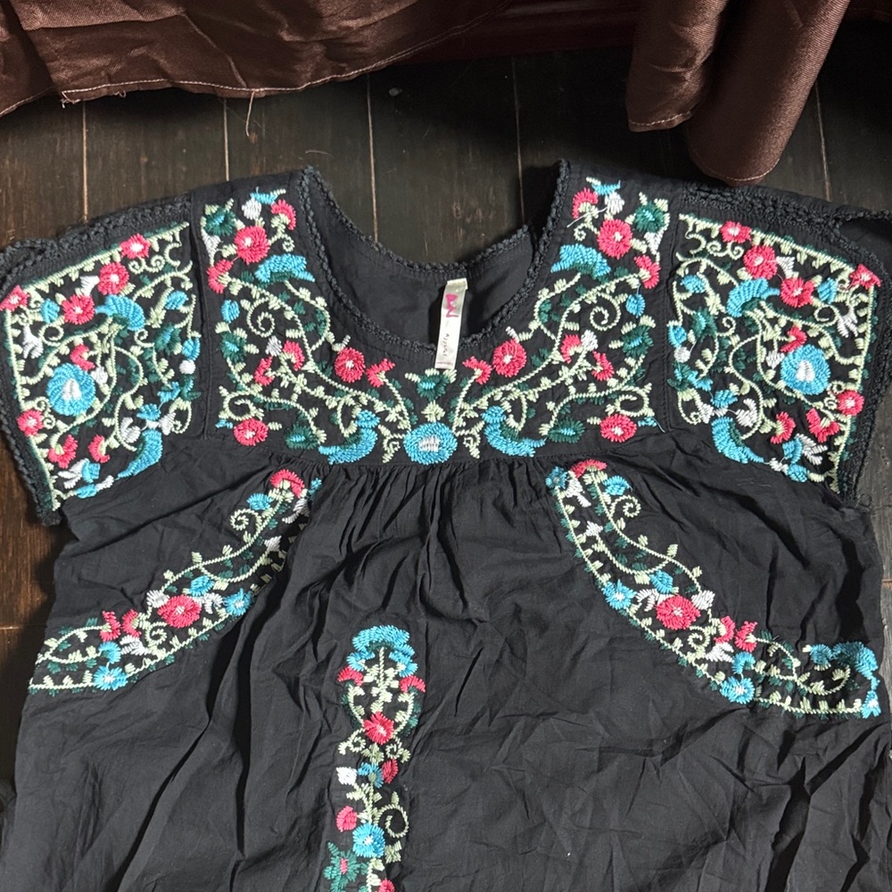 Anthropologie Black Top with Red and Blue Embroidery